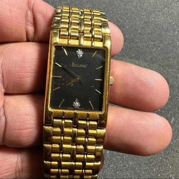 Bulova T4 Quartz Tank Watches His And Hers Gold Tone Black Dial Diamond Accents - Picture 1 of 8